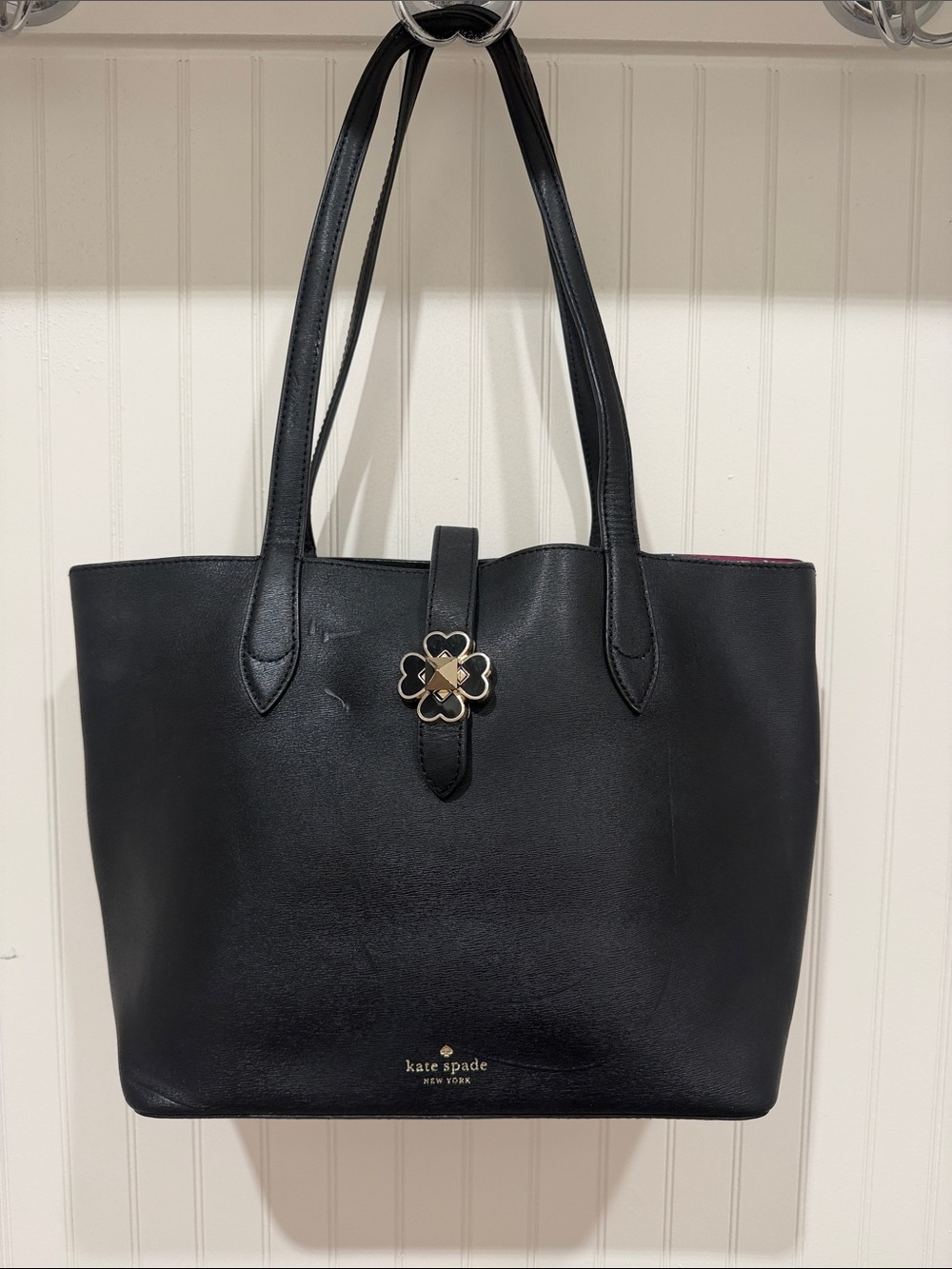 kate spade Black Leather Tote with Flower Turn-Lock